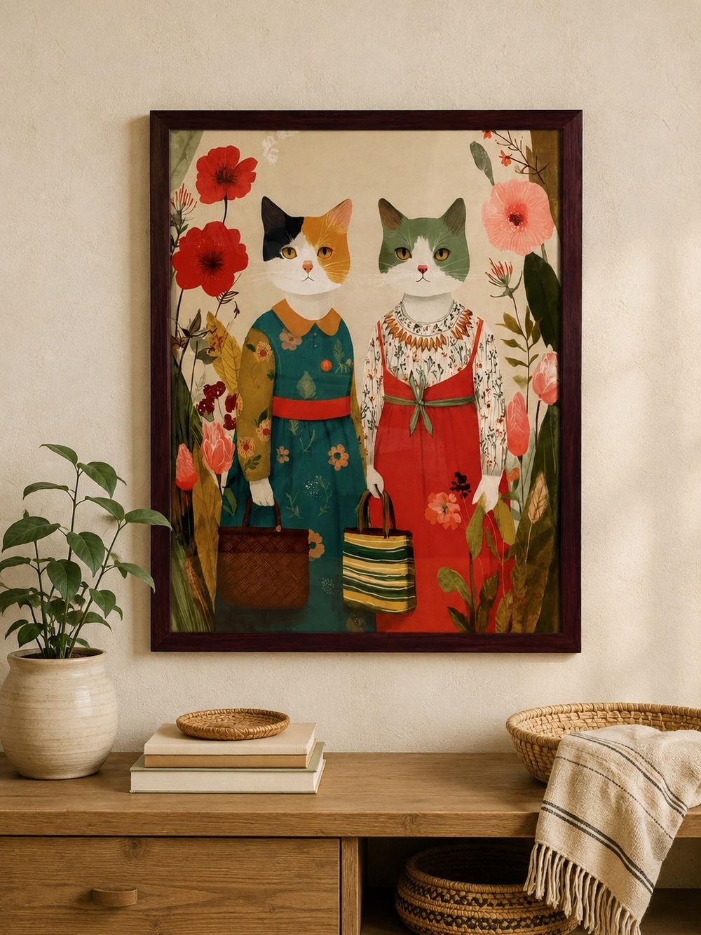 Whimsical Cats Floral Wall Art Print in Teal & Red Framed 12x16
